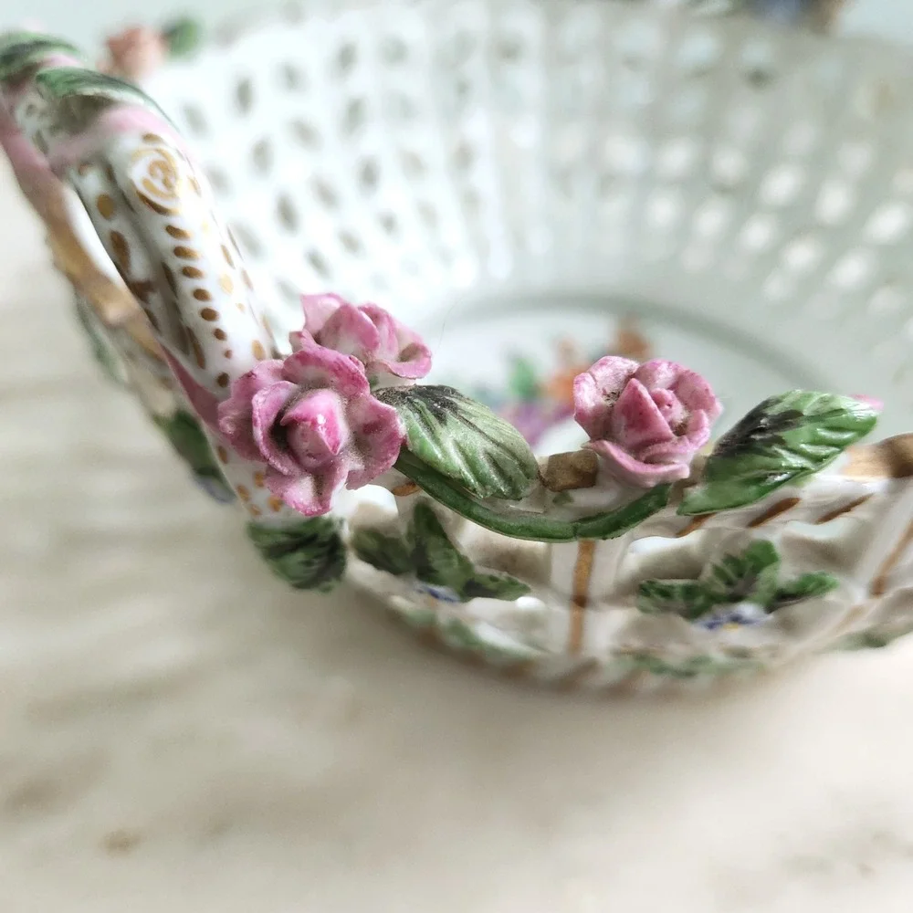 Vintage Dresden Floral Porcelain Basket‎ Reticulated Bowl Handles Cottage Decor